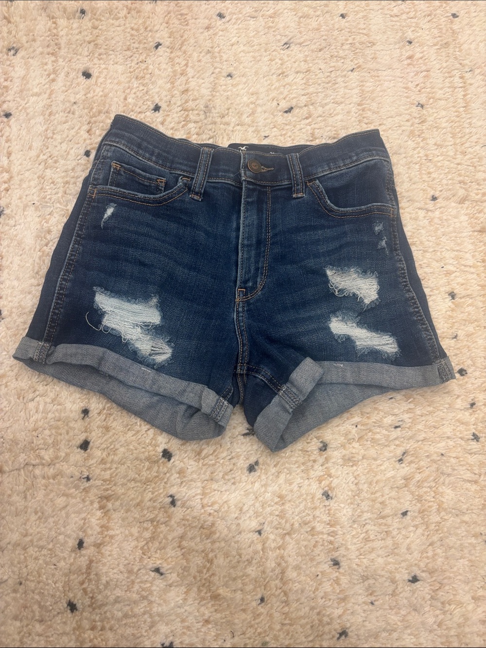 Hollister Dark Blue Distressed Rolled-Hem Denim Shorts